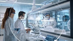 Futuristic Lab: Scientific Breakthrough: A team of scientists, clad in lab coats and goggles, examine a holographic projection of a complex molecule. The futuristic lab setting, with its sleek design