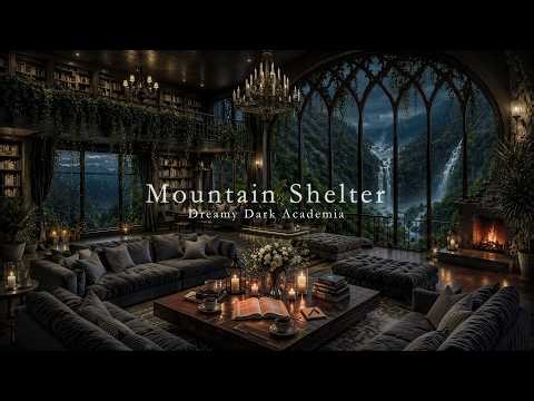 Rainy Outside the Window in a cozy Mountain cabin | Dark Academia Piano with Fireplace | Study Music