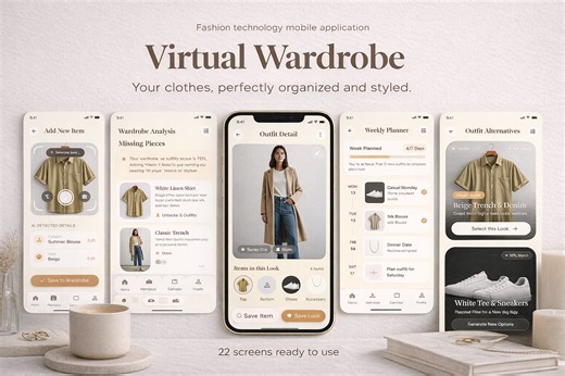Virtual Wardrobe – Fashion Tech App UI (22 Screens) | Figma