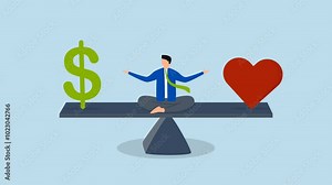 Work life balance, 4k animation of successful businessman contemplates the delicate balance of money and the heart symbol on a seesaw.