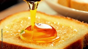 Woman pours maple syrup on toast with honey butter, creating a tempting snack with warm brown tones and glistening syrup