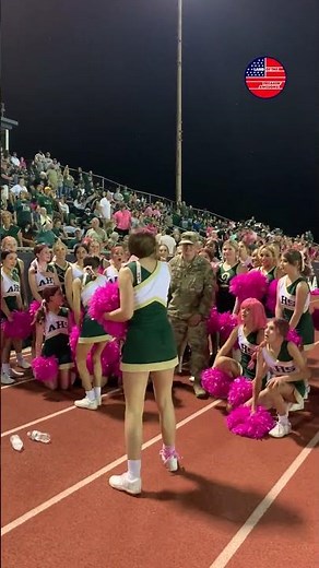 Military dad photobombs cheerleaders to surprise daughter #shorts