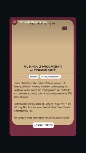 ✨ Come see An Evening of Dance✨ An Evening of Dance features work by other Guest Artists and School of Dance Faculty including: • Baye & Asa • George Balanchine (set by Suzanne Farrell) • nia love • Jawole Willa Jo Zollar 🗓 - November 7 & 8 🕛 - 7:30pm 📍 - Nancy Smith Fichter Dance Theatre 130 Collegiate Loop, Tallahassee FL, 32306 🎟 - Link in bio! #doitwithlove #fsucollegeoffinearts #fsudance #fsuschoolofdance #eveningofdance #dance #floridastateuniversity Join us for a special pre-show disc