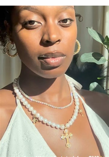 Our 'Diamond Hoops' earrings stacked with the 'Pearl Cross' necklace and the 'Tennis' necklace ✨🤍🤏🏾 #christinmariestudios #shine #jewelryoftiktok #fyp #shimmer