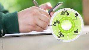 Circular Economy infographic diagram with icons analyse such as manufacturing, packaging and distribution, user, end of life, recycling and raw material production. Ecology and Environment principle..