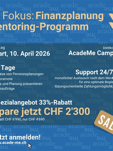 🔥 33% Discount auf das Finanzplanungs-Mentoring 🚨 👉 Du sparst CHF 2’300. Statt CHF 6’990 → CHF 4’690. 🐰 Angebot gilt bis Ostermontag, 6. April 2026. 🪺 Jetzt anmelden: https://acade-me.ch/seminares/mentoring-finanzplanung/ Die Frage ist nicht ob, sondern wann du den Schritt gehst. Denn eines ist sicher: 👉 Der Markt verändert sich. 👉 Kunden werden anspruchsvoller. 👉 Vertrauen gewinnt gegen Produkte. #academe #mentoring #kathiago #finanzplanung #timetolevelup