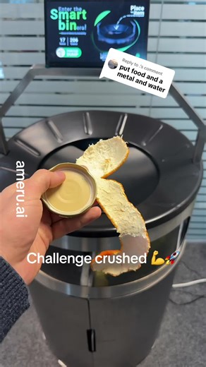 Replying to @. Challenge accepted! The Ameru ai smart bin cannot be defeated by metal, food, or water! What else should we try? #ameruai #smartbin #robotics #recycling #Ameru