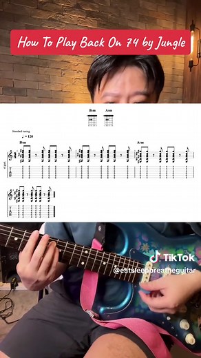 How to play Back On 74 by Jungle! Just two sets of chords… #guitartok #guitar #guitarlesson #strumming #backon74 #learnontiktok #fender