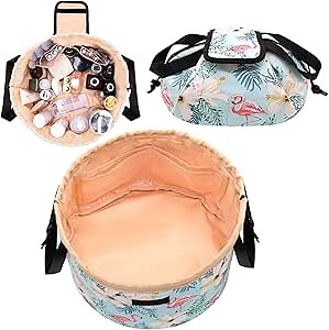 Large Barrel Drawstring Makeup Bag,Travel Makeup Bag,Portable Flamingo Cosmetic Bag Make Up Organizer Bag for Travel Accessories Essentials,Valentines Day Gifts (Flamingo Blue)