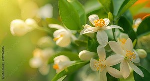 The Fragrant Aroma of Neroli Citrus Blossoms from White Orange Tree Flowers. Concept Neroli Citrus Blossoms, White Orange Tree Flowers, Aromatic Fragrance, Floral Scents, Delicate Blossoms