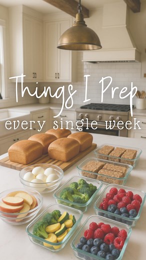 My weekly meal prep routine that saves my sanity 🙌 Sunday prep = stress-free weekday mornings! When breakfast, snacks, and produce are already done, those chaotic moments become so much easier. My kids can grab what they need and dinner comes together in half the time because everything’s ready to go. The best part? Making things like sandwich bread from scratch takes less than 10 active minutes but gives us WAY better ingredients than the store-bought stuff with all those additives and preserv