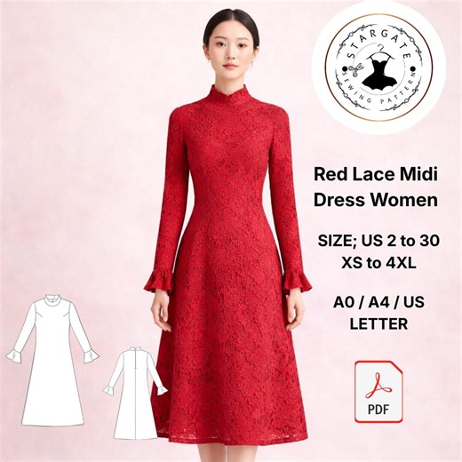 Red Lace Midi Dress Sewing Pattern (digital Download) - Etsy