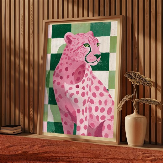 Pink Cheetah Print, Leopard Green Checkered Wall Art, Maximalist Retro Animal Art Decor, Digital Download - Etsy