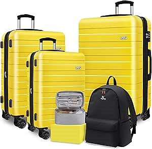 Zebra Luggage Sets 5 Piece, Lightweight Hardside Business Travel Suitcase Set with TSA Lock, Bonus Travel Backpack & Makeup Bag, 20/24/28 inch,Yellow