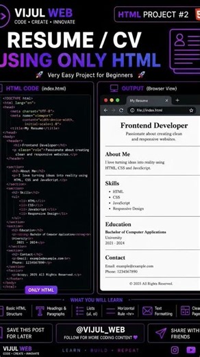 🚀 Build a Resume using HTML only! 💻💬 Comment “RESUME” for the source code.LEARN • BUILD • REPEAT. ⚡