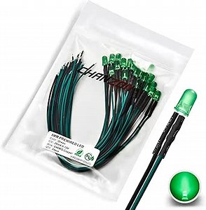 CHANZON 20 pcs Pre-Wired 5mm Green LED Diode Lights (Round Diffused Frosted Lens DC 12V) with 560 ohms 1/4W Resistor and 24awg Wire Indicator Light Emitting Diodes Lighting 5mmled