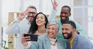 Creative group, selfie and team building in meeting for photo, memory or vlog at the office. Goofy, silly or humor people smile in teamwork for funny picture, social media or startup at the workplace