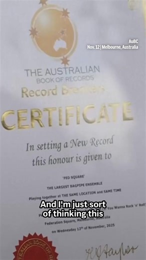 Hundreds of bagpipers claimed a new world record on Wednesday by belting out AC/DC’s rock and roll classic “It’s a Long Way to the Top.” Thousands of spectators crammed the square for the world record attempt. The oldest piper was 98-years-old, organizers said. | AP