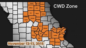 CWD MANDATORY SAMPLING IN 29 COUNTIES -- If you harvest a deer from the CWD Management Zone during November 12 or 13, you must take your deer (or the head with at least 6 inches of the neck in place) on the day of harvest to one of the following designated CWD sampling stations. Stations will be open 7:30 a.m. to 8 p.m. For more info: http://huntfish.mdc.mo.gov/hunting-trapping/wildlife-diseases/chronic-wasting-disease-cwd -- Peg@MDC | Missouri Dept. of Conservation