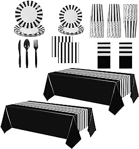 Remagr 154 Pcs Black and White Graduation Party Supplies Disposable Dinnerware Set Tablecloth Stripe Table Cover Plates Cups Napkins, Knives Forks Spoons for Birthday Graduation Wedding Party Supplies