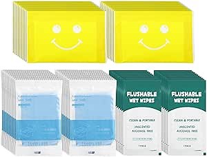 Personal Toilet Kit Bulk, Disposable Flushable Butt Cleansing Wipes Individually Wrapped, Travel Size Toilet Paper Portable Toilet Seat Covers Essentials for Travel Hotel Public Restroom (60 Pcs)