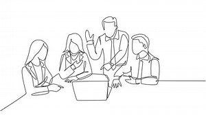 Self drawing animation of one single line draw happy startup workers facing laptop computer to listen CEO presenting business plan. Business meeting concept continuous line draw. Full length animated.