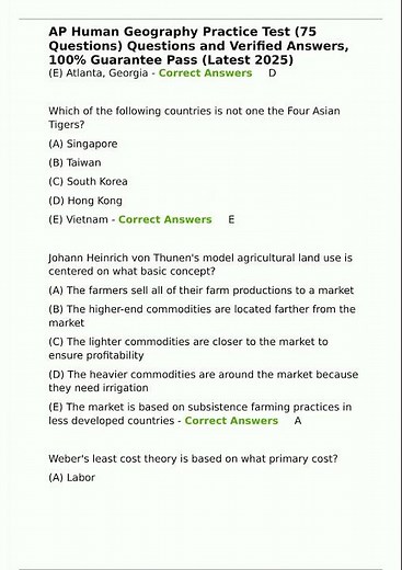 AP Human Geography Practice Test 75 Questions Questions and Verified Answers 100 Guarantee Pass