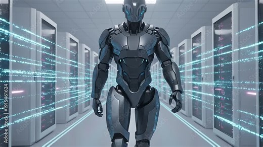 Autonomous humanoid robot walking in a futuristic AI data center