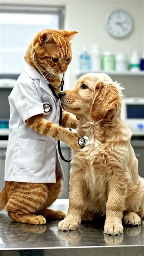 doctor cat checking a dog #cat #doctorcat #funny #dance #cartoon #dancevideo #funnycute #catsdon #😺🐶