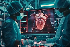 A closeup of a computer screen showing a 3D heart model being manipulated and rotated at different angles for a thorough educational experience