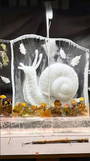 Frozen autumn- ice snail sculpture #karlis_ile #iceart #snail #mushroom #icesculpture