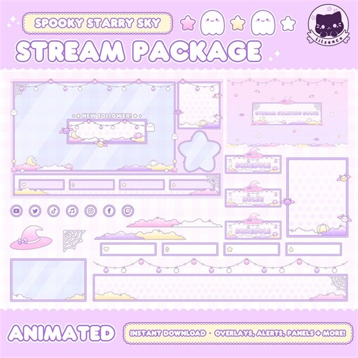 Animated Spooky Starry Sky Stream Package, Twitch, Purple, Alerts, Panels, Overlays, Vtuber, Halloween, Kawaii, Pastel Goth, Ghosts, Bats - Etsy