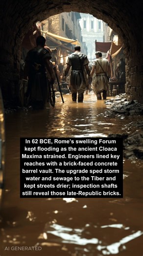 Rome’s main collector, the Cloaca Maxima, began as an open ditch in the late 7th–6th century BCE and was vaulted over time. By the mid-first century BCE—often placed around 60–50 BCE—Roman engineers reinforced crucial stretches with brick-faced opus caementicium, forming a stronger barrel vault that could resist collapses and move higher volumes from the Forum valley to the Tiber. Surviving segments and manholes still display those brick facings and concrete cores. The reinforcement mattered for