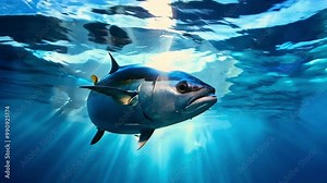 Bluefin tuna swimming in crystal clear water, underwater photography, marine life, vibrant ocean