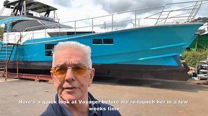 Our T-2000 demonstrator continues to do her job nicely with a 3rd Voyager being ordered from a client in the Asia Pacific region after visiting us to see her. This third T-2000 will be the latest ‘Mediterranean’ version we’ve developed featuring a new carbon fibre flybridge roof, a four cabin sleeping arrangement and other new options. Here’s a little video of Voyager ashore, re-wrapped in a cool metallic blue, and the new flybridge roof option fitted prior to being re-launched in a few weeks’ t