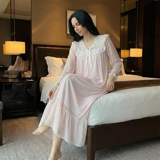 Victorian Nightgown for Women, Lace Nightdress, Sheer Vintage Nightgown, Elegant Pink Sleepwear - Etsy UK