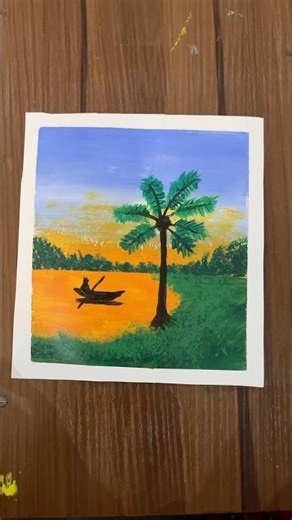 Sunset landscape painting with palm tree and boat |acrylic painting | nature art #acrylicpainting