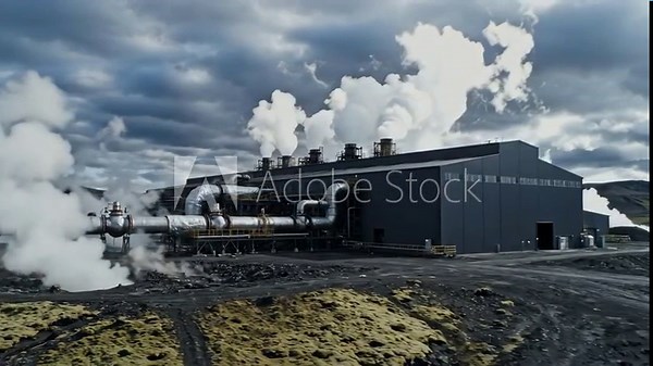 Large geothermal power plant in Iceland produces clean energy. Steam rises from pipes as clouds loom overhead, highlighting nature's power. A glimpse into sustainable technology in action.