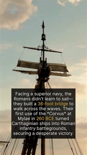 The *Corvus* was Rome's desperate gamble. A land power losing a sea war, they realized their strength was the legionary. This ~11 meter~ bridge with its iron spike turned nimble naval skirmishes into the close-quarters brawls where Rome excelled. Its debut at the Battle of Mylae was a shocking success. However, its top-heavy weight made ships dangerously unstable in storms. Historian Polybius recorded catastrophic losses, with hundreds of ships and men drowning in later years, a tragic price for
