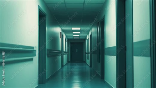 Hospital hallway extends into a dark, distant door, creating a deep feeling of medical isolation, emptiness, and the quiet passage of time in a sterile healthcare environment