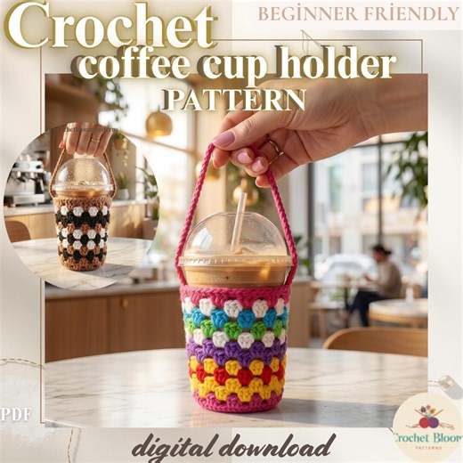 Crochet Coffee Cup Holder Pattern | Iced Coffee Cozy PDF | Drink Carrier Sleeve With Handle | Granny Square Cup Carrier | Summer Crochet - Etsy