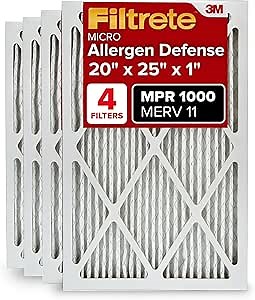 Filtrete 20x25x1 AC Furnace Air Filter, MERV 11, MPR 1000, Micro Allergen Defense, 3-Month Pleated 1-Inch Electrostatic Air Cleaning Filter, 4 Pack (Actual Size 19.69 x 24.69 x 0.81 in)