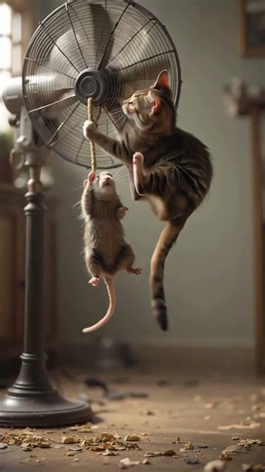 🐭🪢 Rat Swings from the Fan to Escape the Cat! 🐱💨🤣! 🐭🪢 ネズミ、天井のファンにぶら下がってネコから大脱出！🐱💨🤣