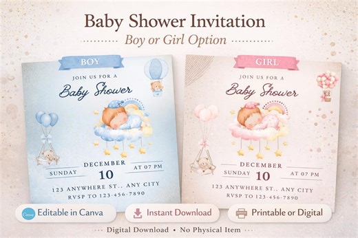 Baby Shower Invitation Template | Boy or Girl, Editable Canva (digital Download) - Etsy
