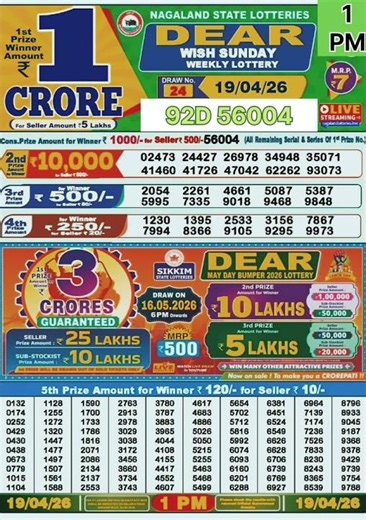 Wish Sunday weekly lottery result today 1pm - 19/04/2026 - Nagaland state lotteries.