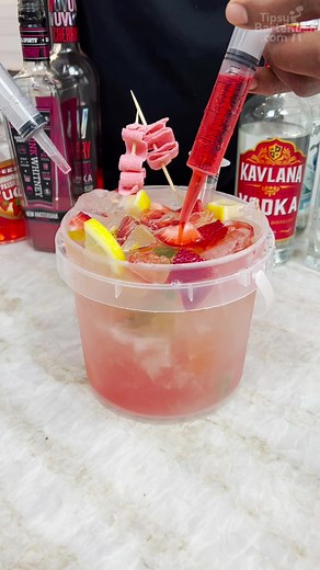 Pink Adios Party Bucket #tipsybartender #cocktails #vodka #candy