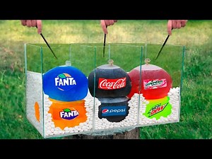 Experiment: Giant Balloons of Coca Cola & Fanta & Mirinda & Mountain Dew VS Mentos