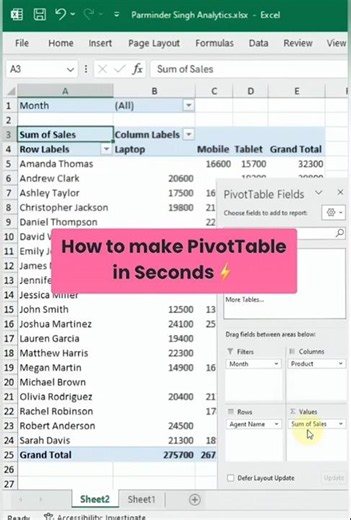 Excel Pivot Table for Beginners 📊 #excel #exceltips #parmindersinghanalytics #dataanalytics #data