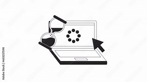 Loading notebook bw animation. Animated laptop with hourglass, arrow cursor flat monochromatic thin line object. Slow internet 4K video concept footage with alpha channel transparency for web design