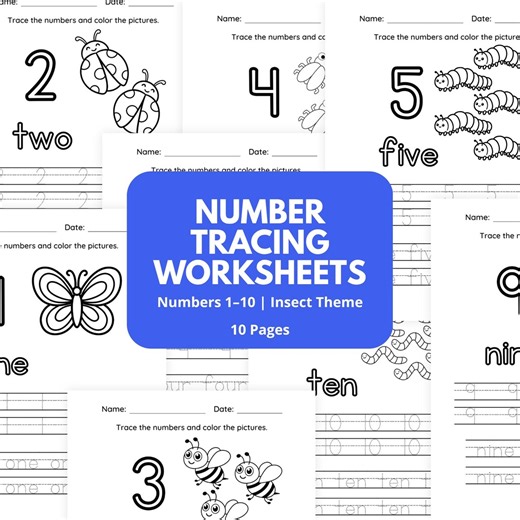 Insect Number Tracing Worksheets 1-10 | Preschool Bug Counting Activity (PDF) - Etsy